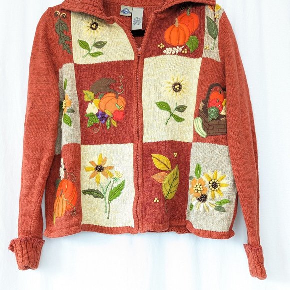 Vintage Autumn Embroidered Fall Harvest Orange Sweater Size Medium - Picture 3 of 14